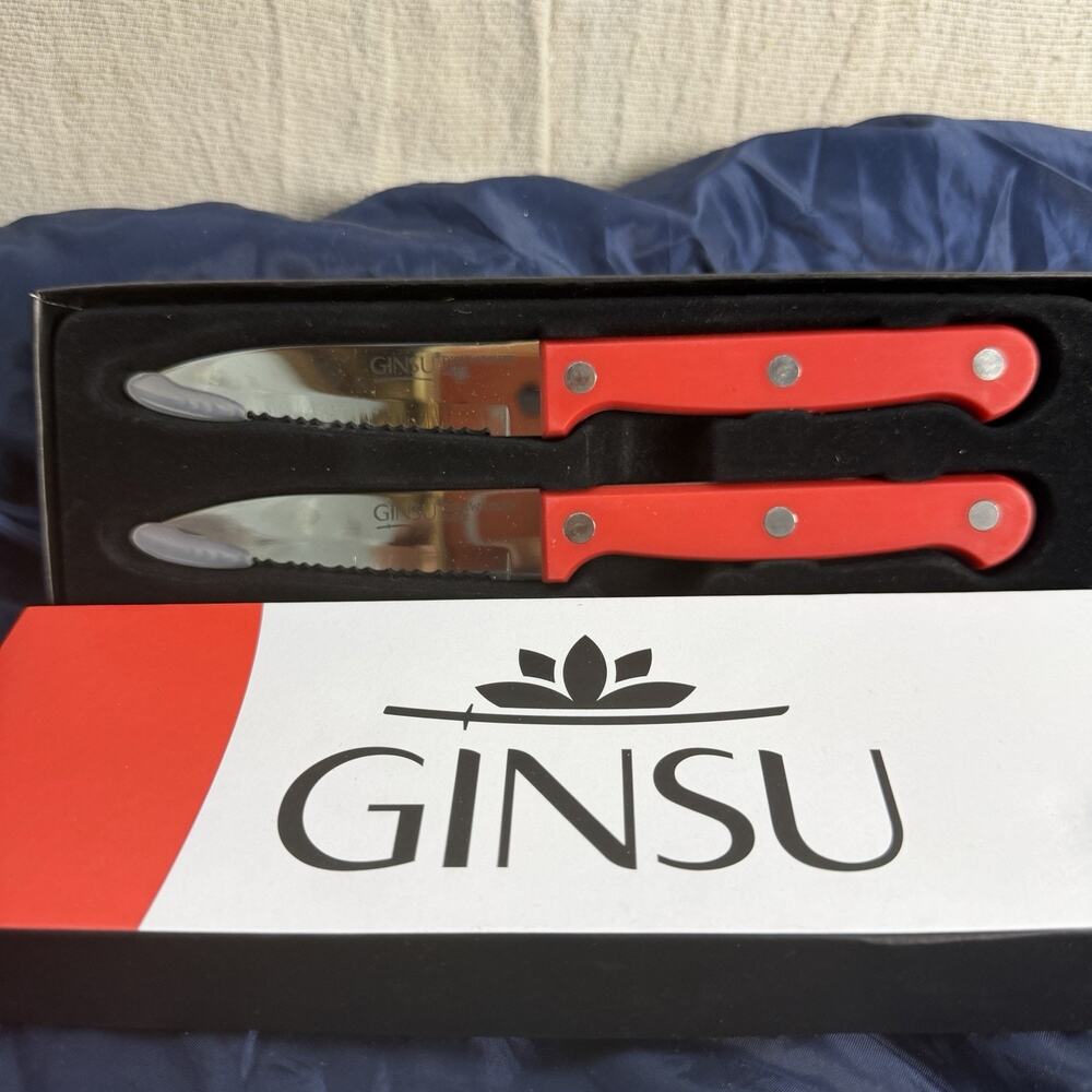 Ginsu Kiso 2-Piece Kitchen Serrated Steak Knife Cutlery Set Red Handle NEW BOX